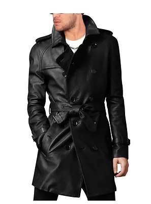 MEN'S STYLISH BELTED BLACK LONG COAT, LEATHER TRENCH COAT, PEA COAT-BNWT