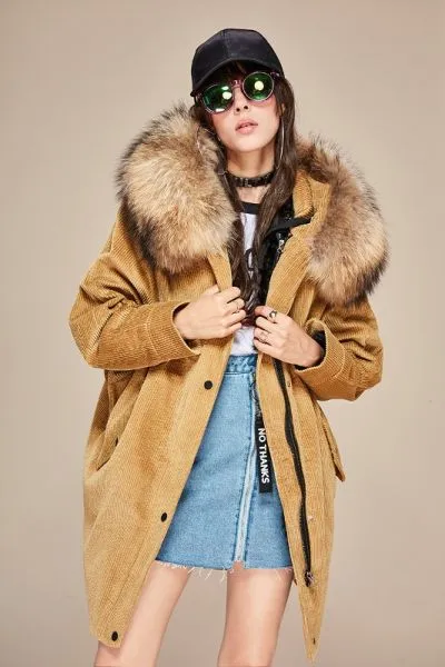 Mid-length corduroy coat for women with fur hood