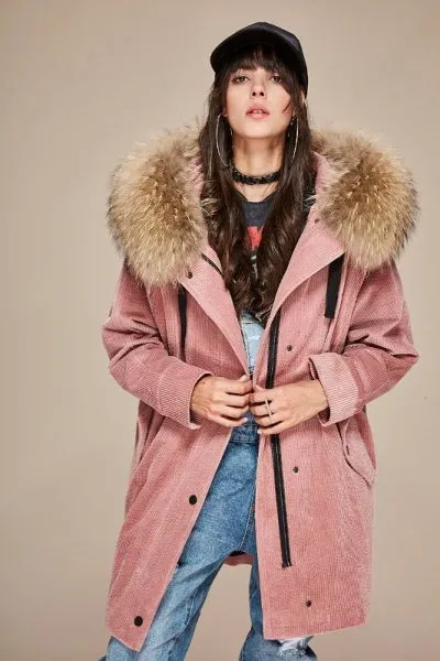 Mid-length corduroy coat for women with fur hood