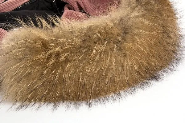 Mid-length corduroy coat for women with fur hood