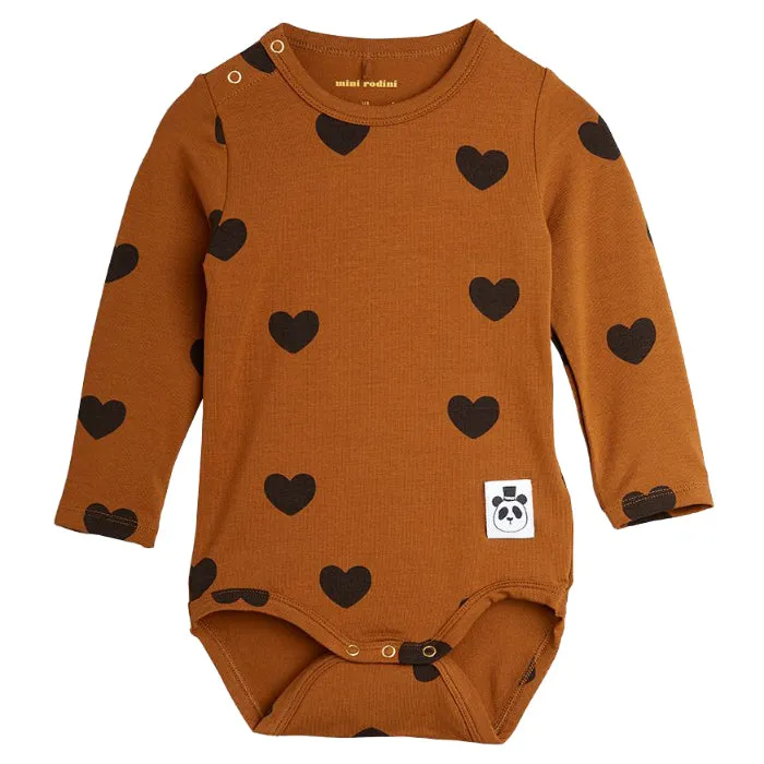 Mini Rodini Baby Basic Hearts Long Sleeved Bodysuit Brown