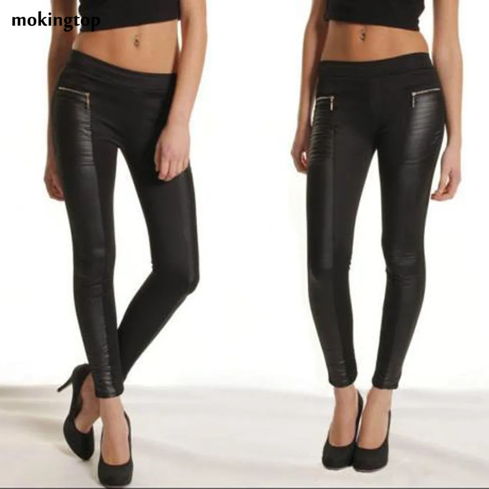 mokingtop Winter Leggings Women Zipper Leather Leggings Slim Stretch Pants Autumn Fashion Wear Calzas Mujer Leggins#B11 SM6