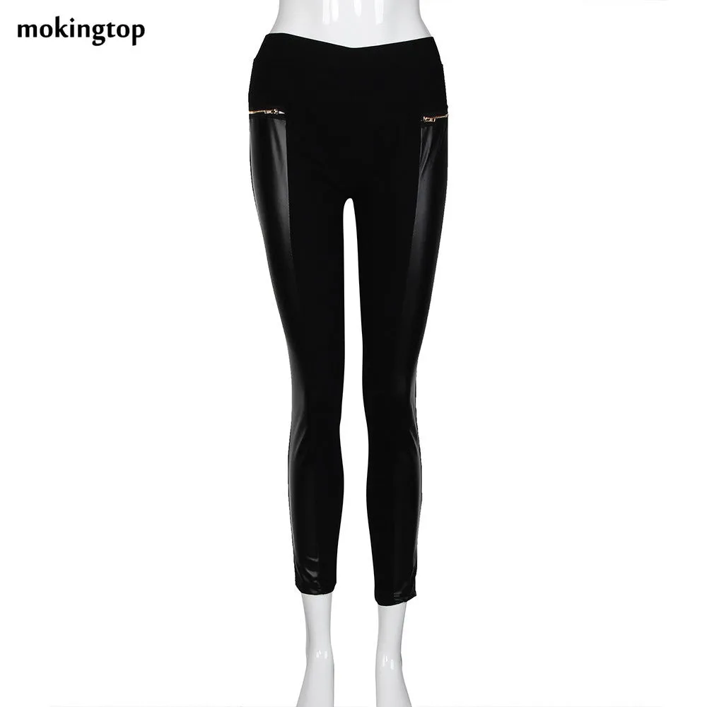 mokingtop Winter Leggings Women Zipper Leather Leggings Slim Stretch Pants Autumn Fashion Wear Calzas Mujer Leggins#B11 SM6