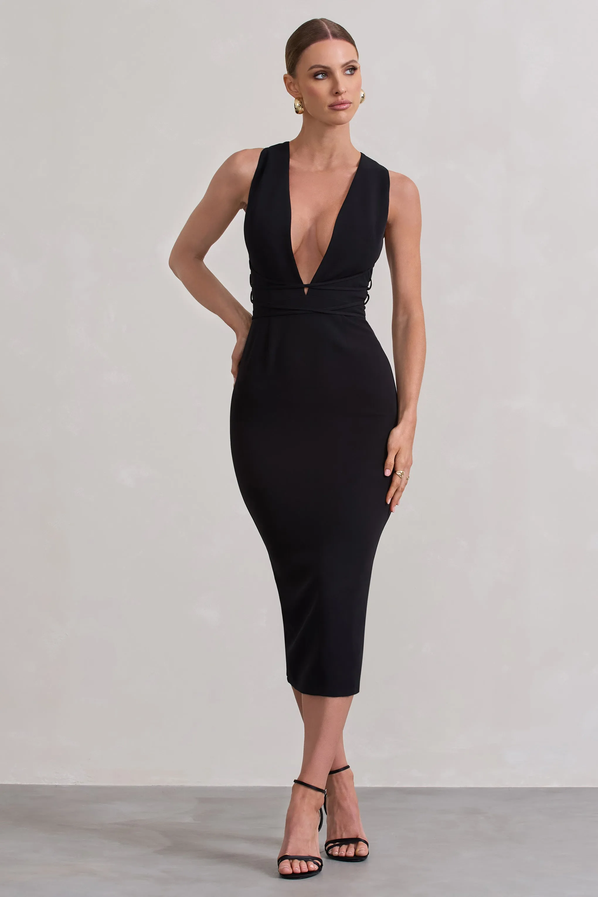 Odessa | Black Plunge Sleeveless Midi Dress With Tie Waist