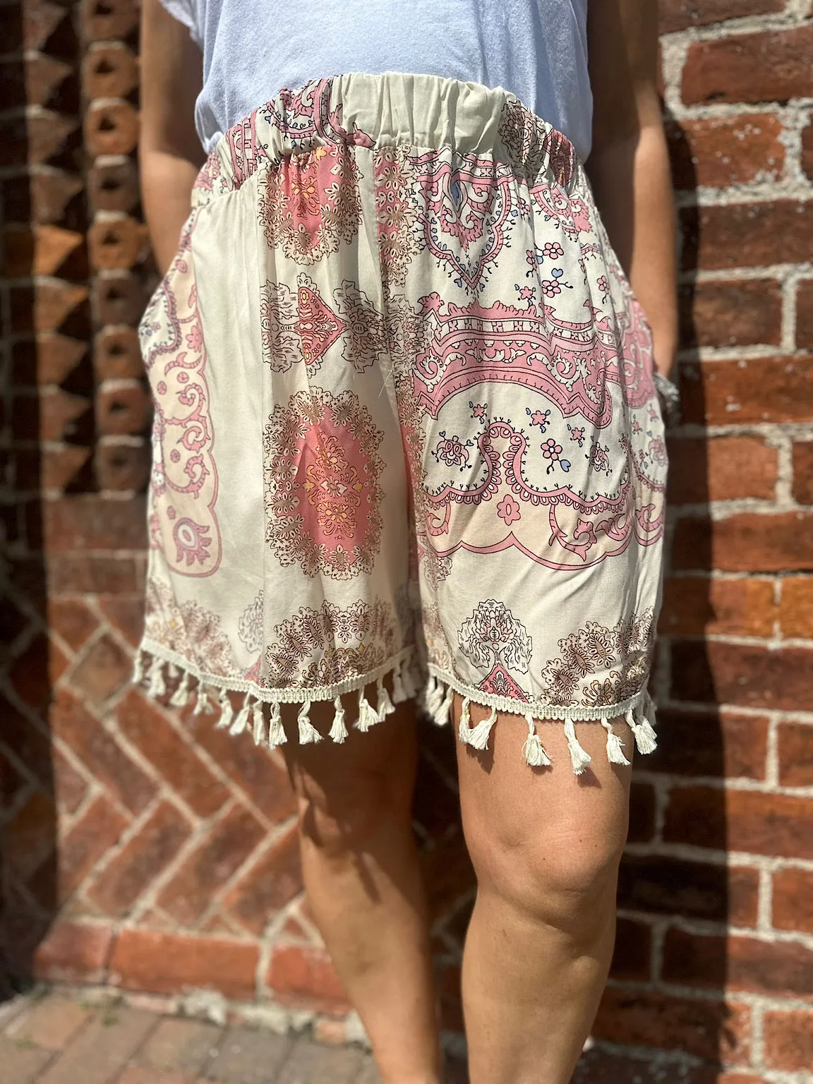 Pink Multi Print Tassel Shorts Lucia