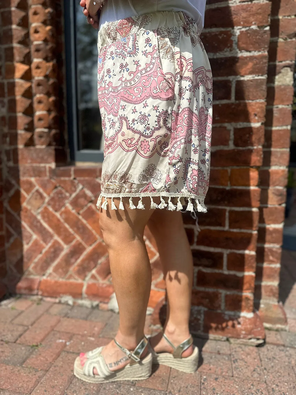 Pink Multi Print Tassel Shorts Lucia