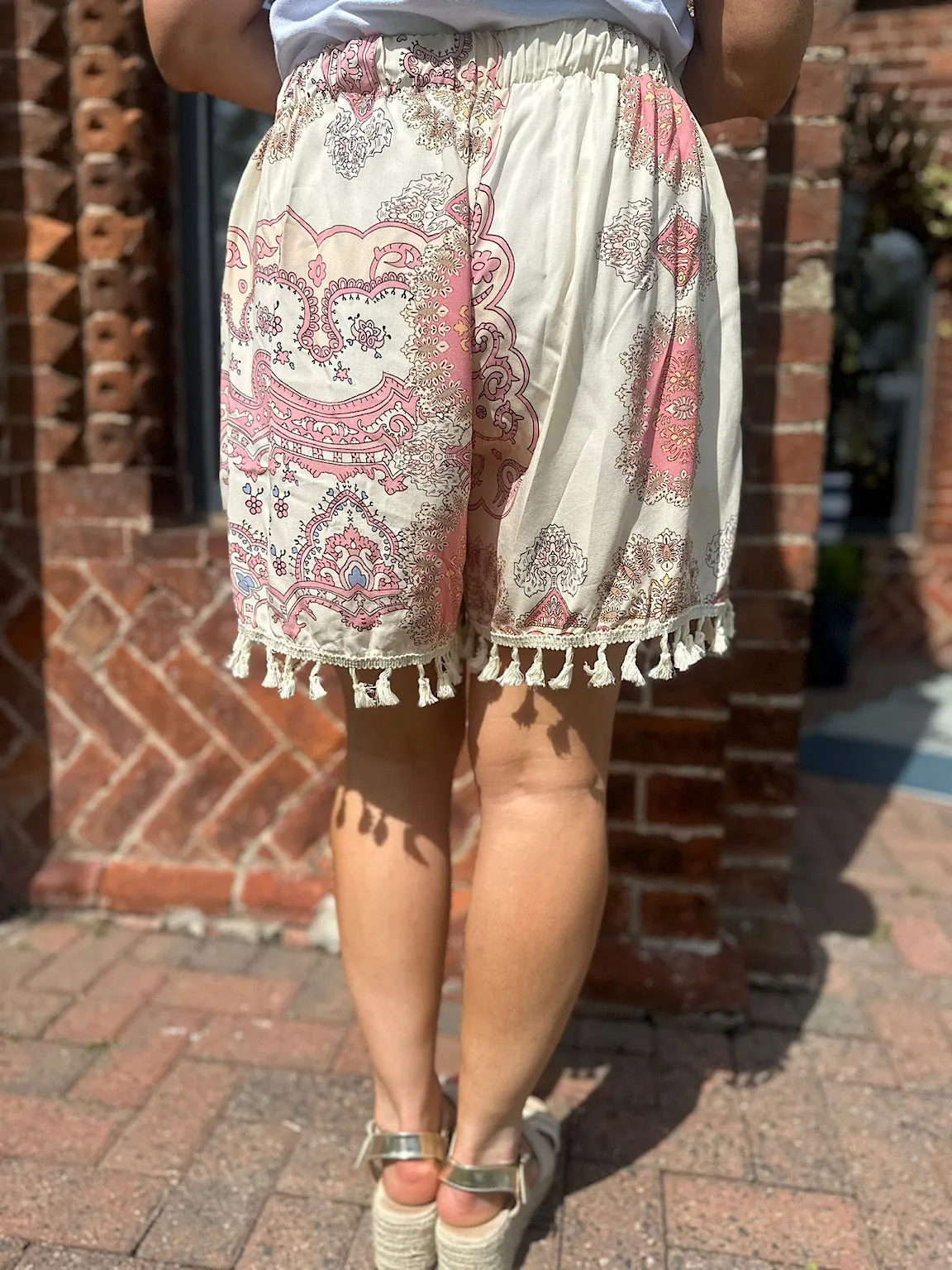 Pink Multi Print Tassel Shorts Lucia