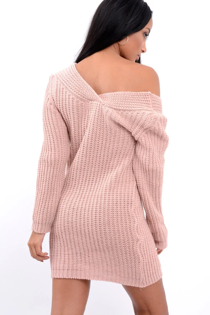 Pink V Neck Twist Knit Jumper Dress - Tilly