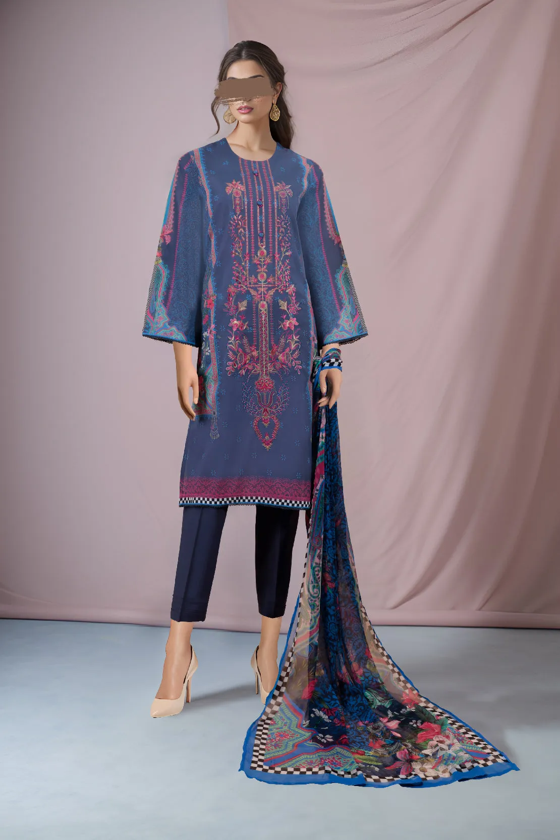 Printed Embroidered Lawn Stitched 3 Piece With Chiffon Dupatta