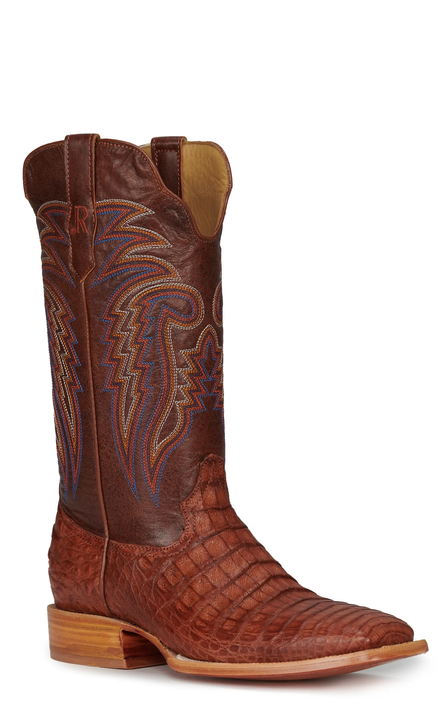 R Watson Men's Antique Cognac Caiman Belly Wide Square Toe Exotic Cowboy Boots