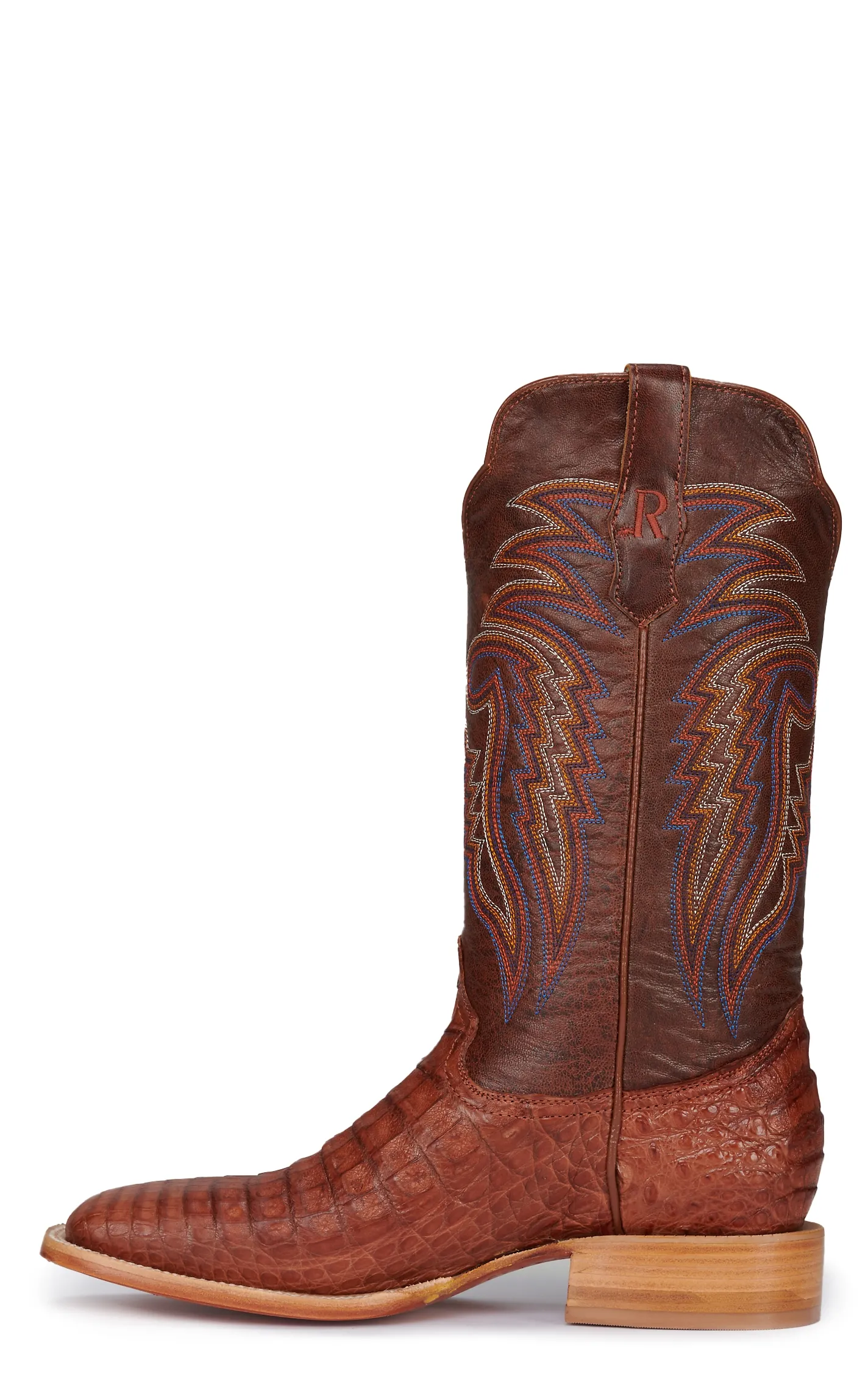 R Watson Men's Antique Cognac Caiman Belly Wide Square Toe Exotic Cowboy Boots