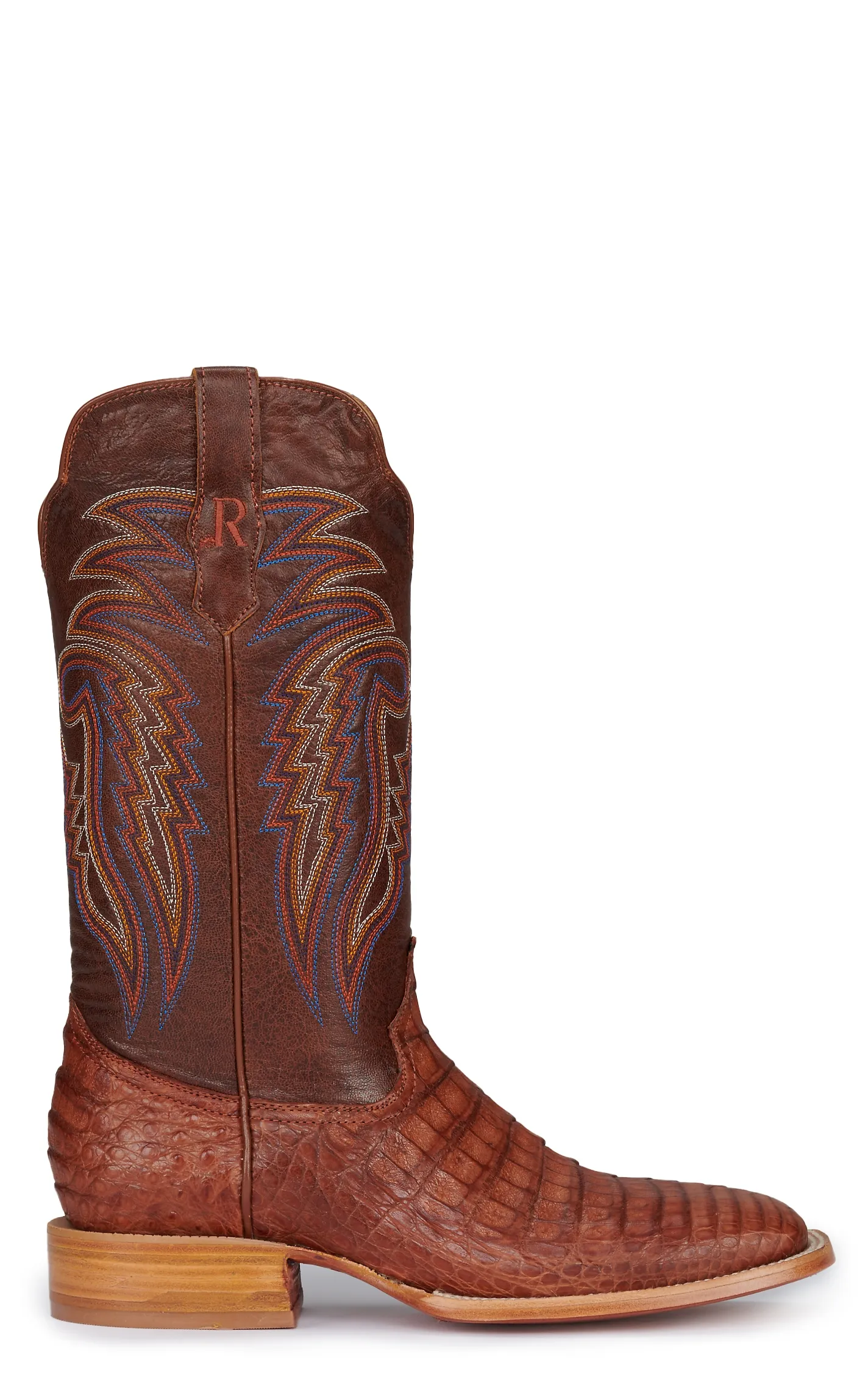 R Watson Men's Antique Cognac Caiman Belly Wide Square Toe Exotic Cowboy Boots