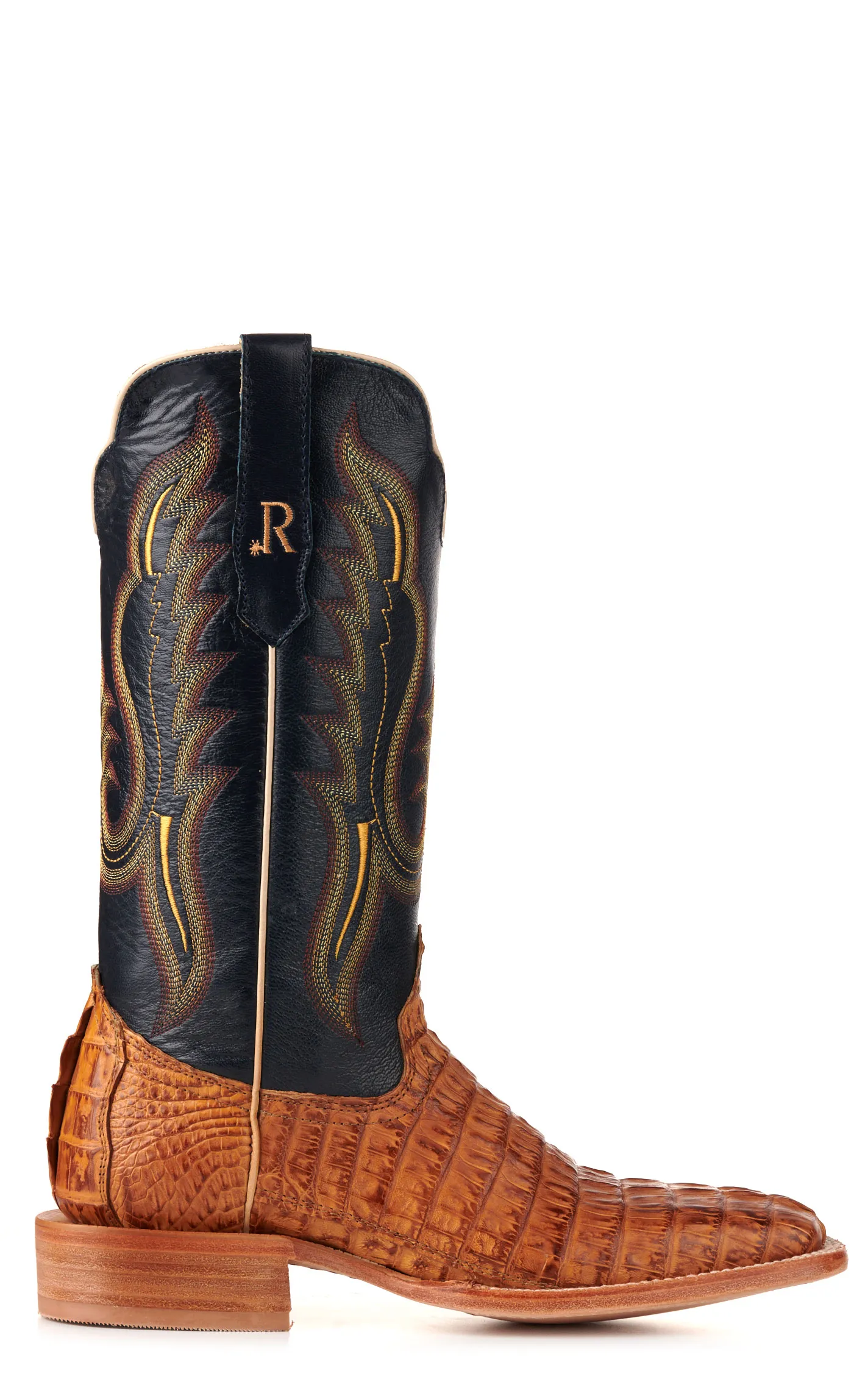 R. Watson Men's Saddle Hornback Caiman Tail and Navy Wide Square Toe Exotic Cowboy Boots