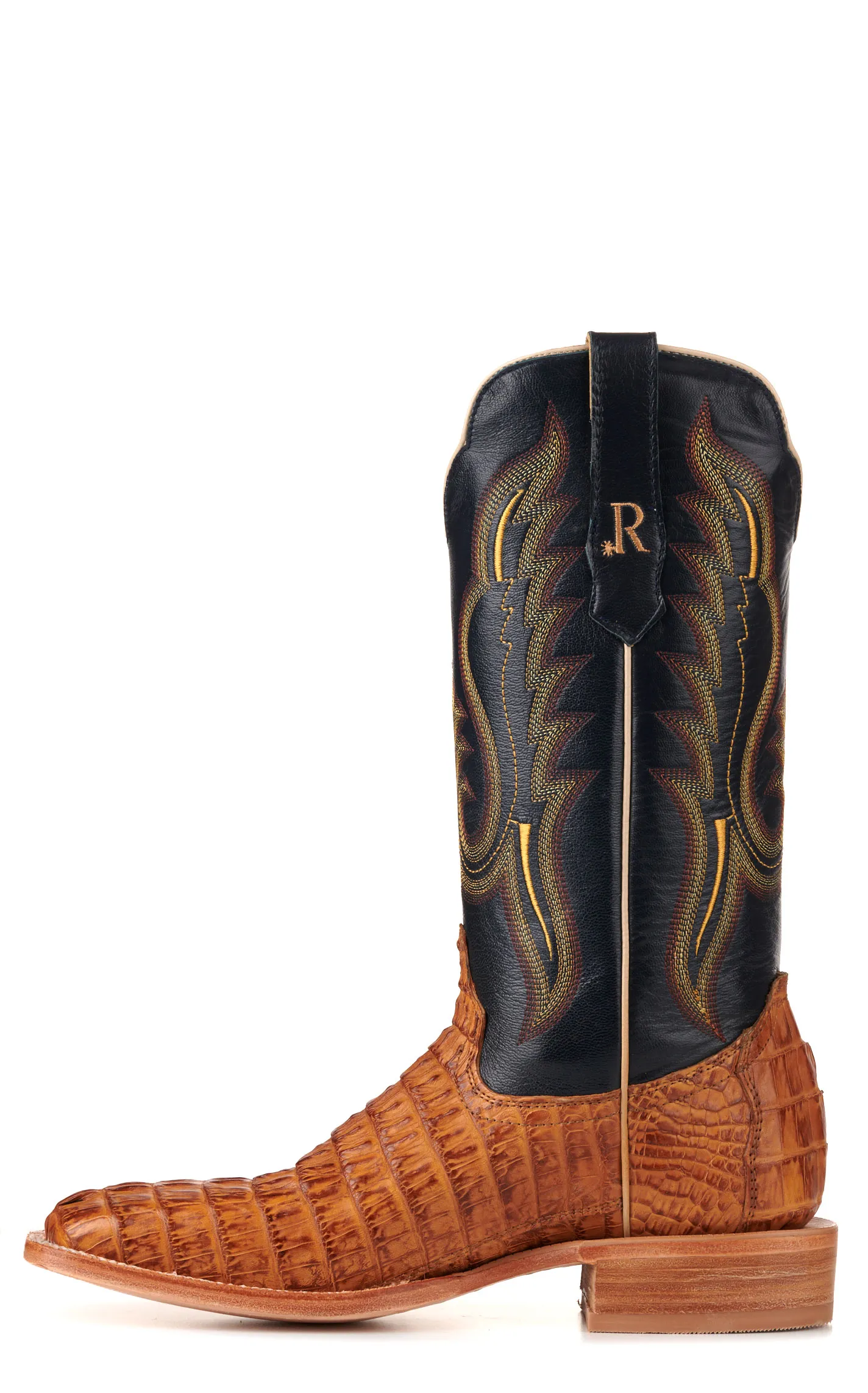 R. Watson Men's Saddle Hornback Caiman Tail and Navy Wide Square Toe Exotic Cowboy Boots