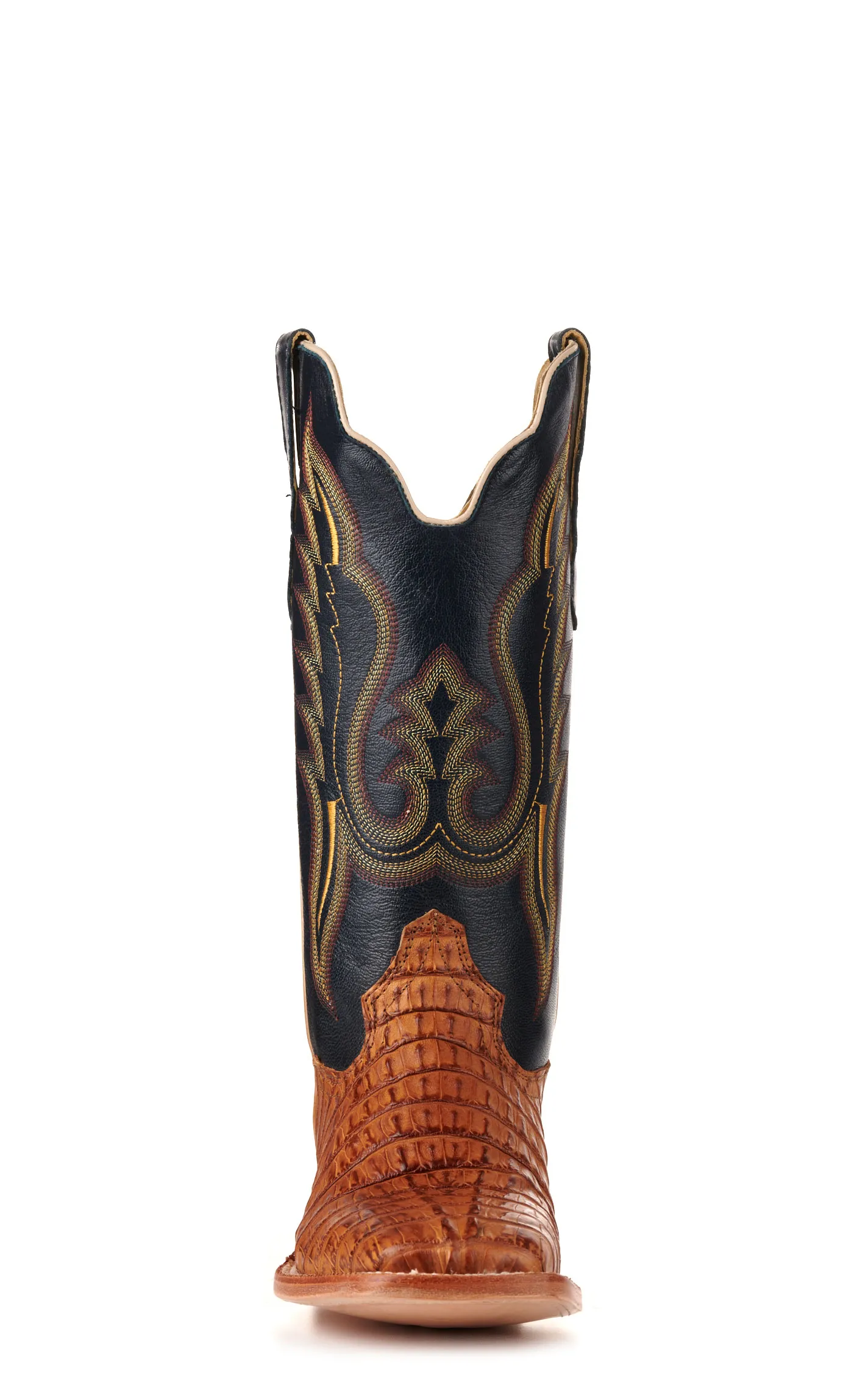 R. Watson Men's Saddle Hornback Caiman Tail and Navy Wide Square Toe Exotic Cowboy Boots