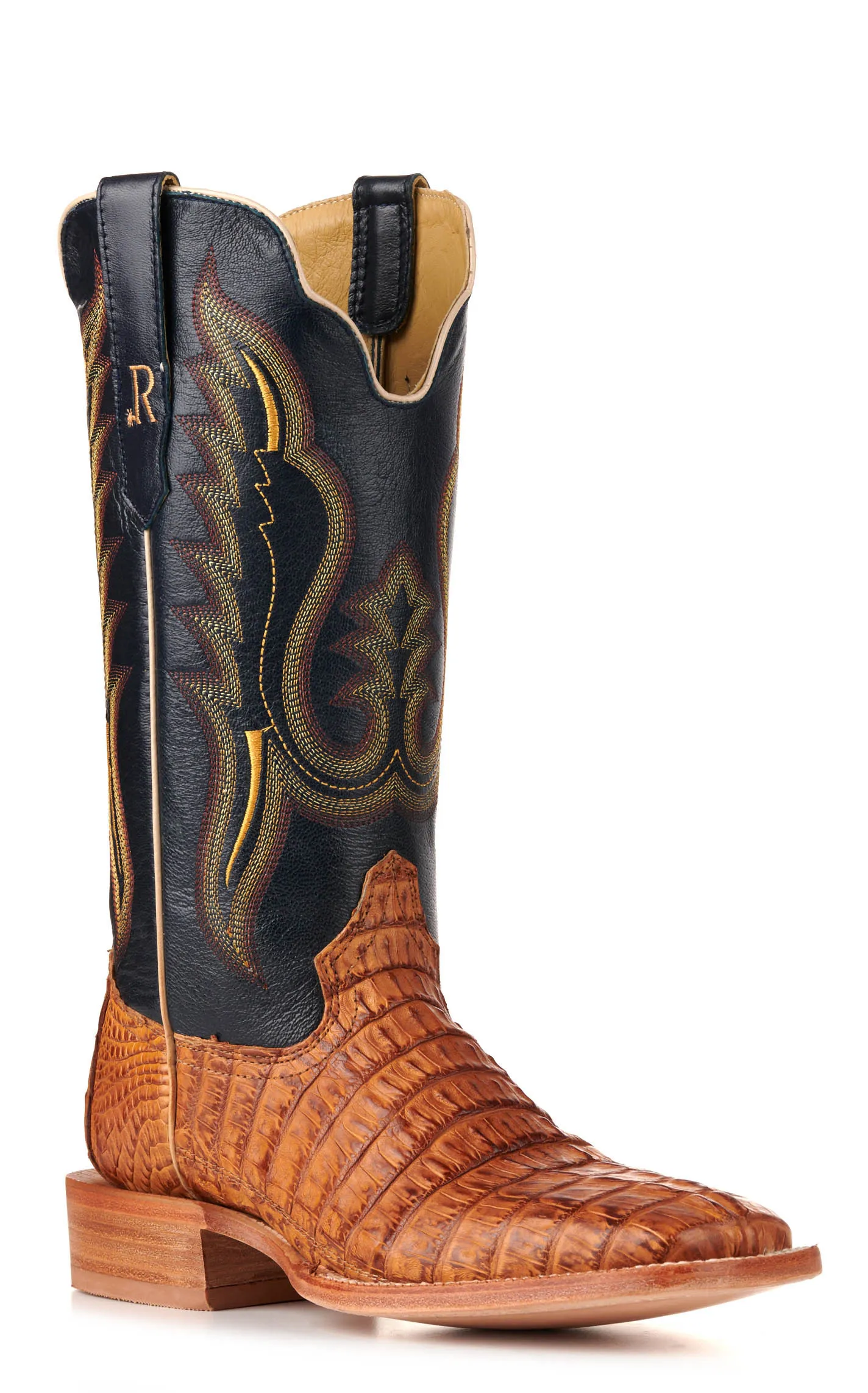 R. Watson Men's Saddle Hornback Caiman Tail and Navy Wide Square Toe Exotic Cowboy Boots