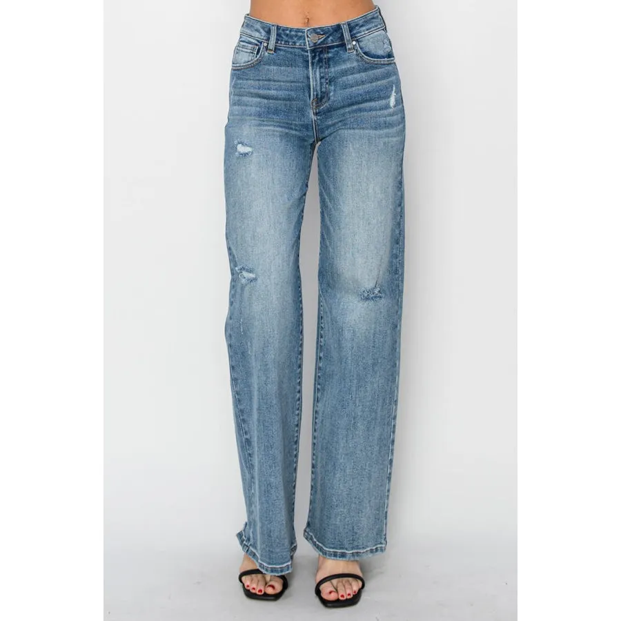 RISEN Full Size High Waist Distressed Wide Leg Jeans