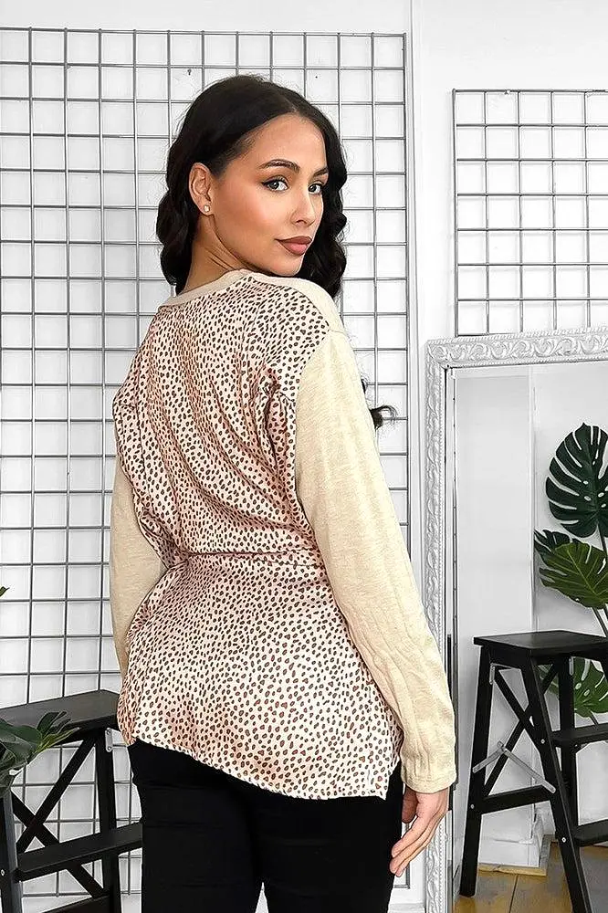 Satin Leopard Print Panel And Waist Tie Beige Top