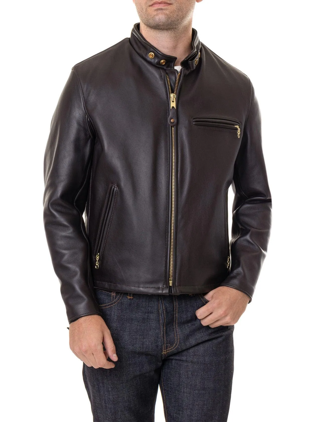 Schott NYC Mens 141 Cafe Racer Leather Motorcycle Jacket Brown Size 44