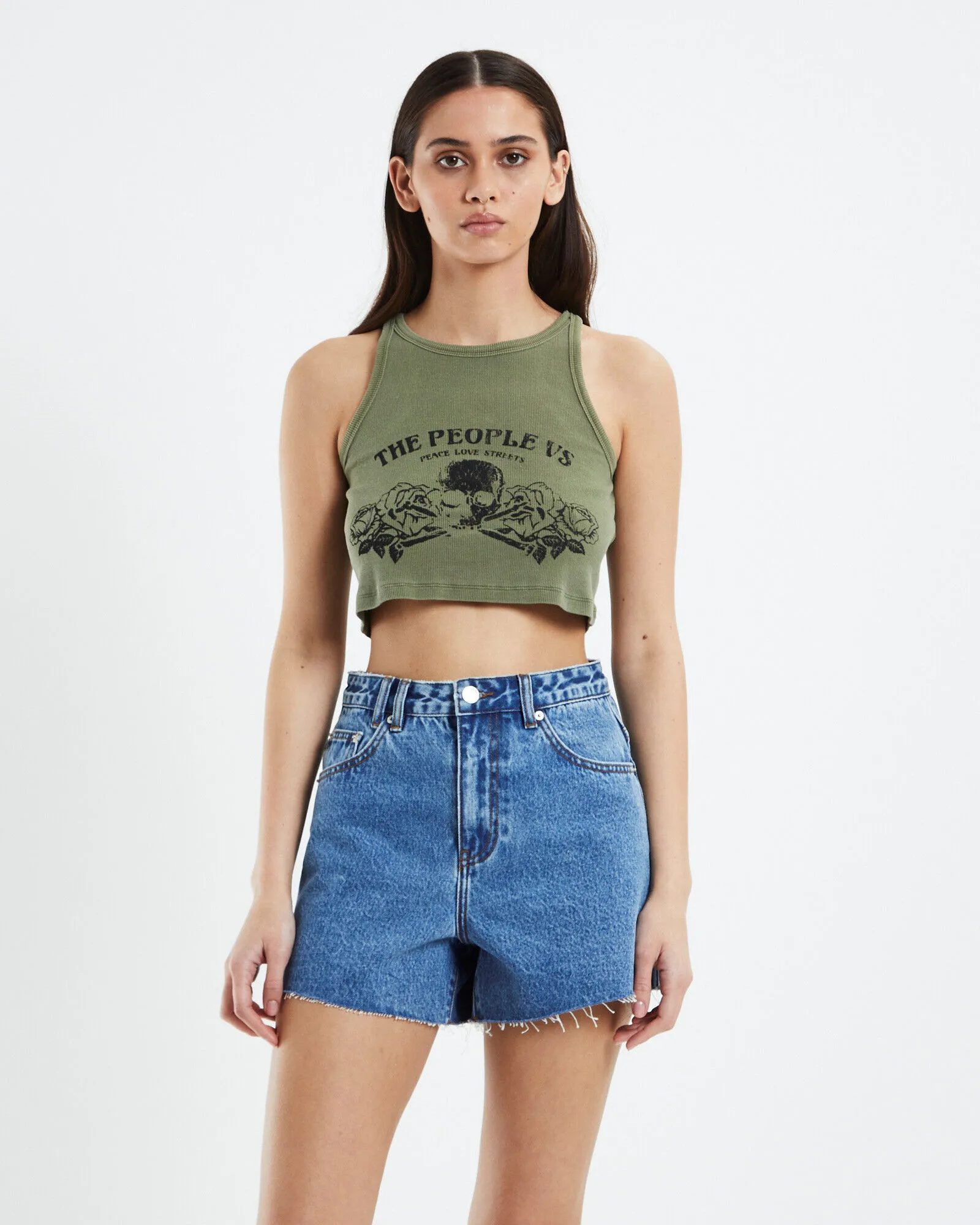 The People Vs Good Times Crop Rib Tank Top Sage Green