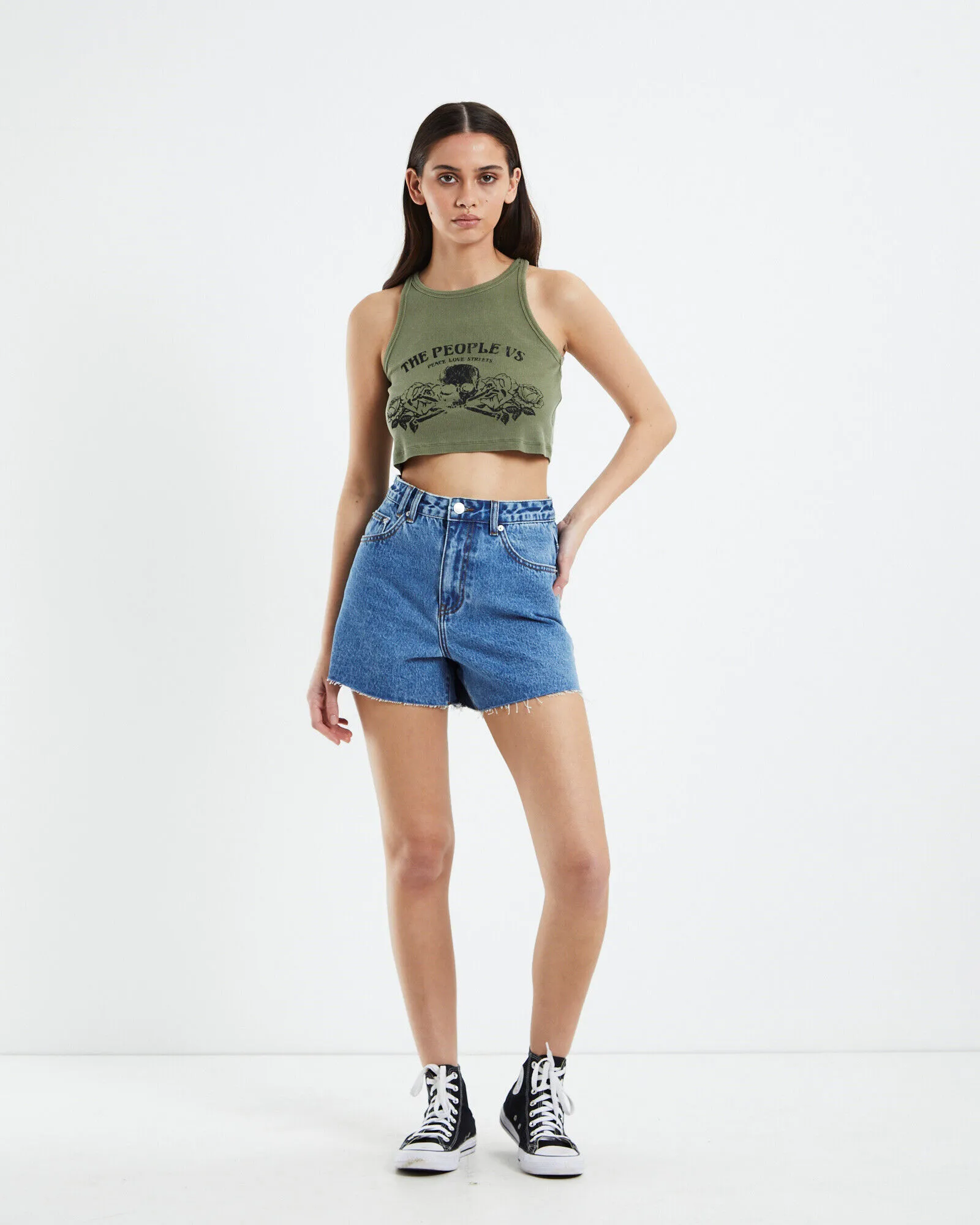 The People Vs Good Times Crop Rib Tank Top Sage Green