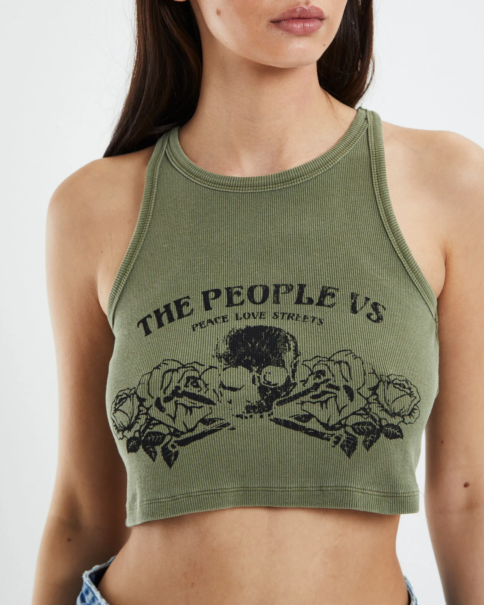 The People Vs Good Times Crop Rib Tank Top Sage Green