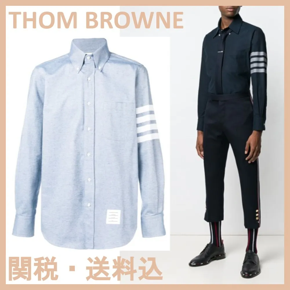 THOM BROWNE  |Long Sleeves Plain Cotton Logo Designers Shirts