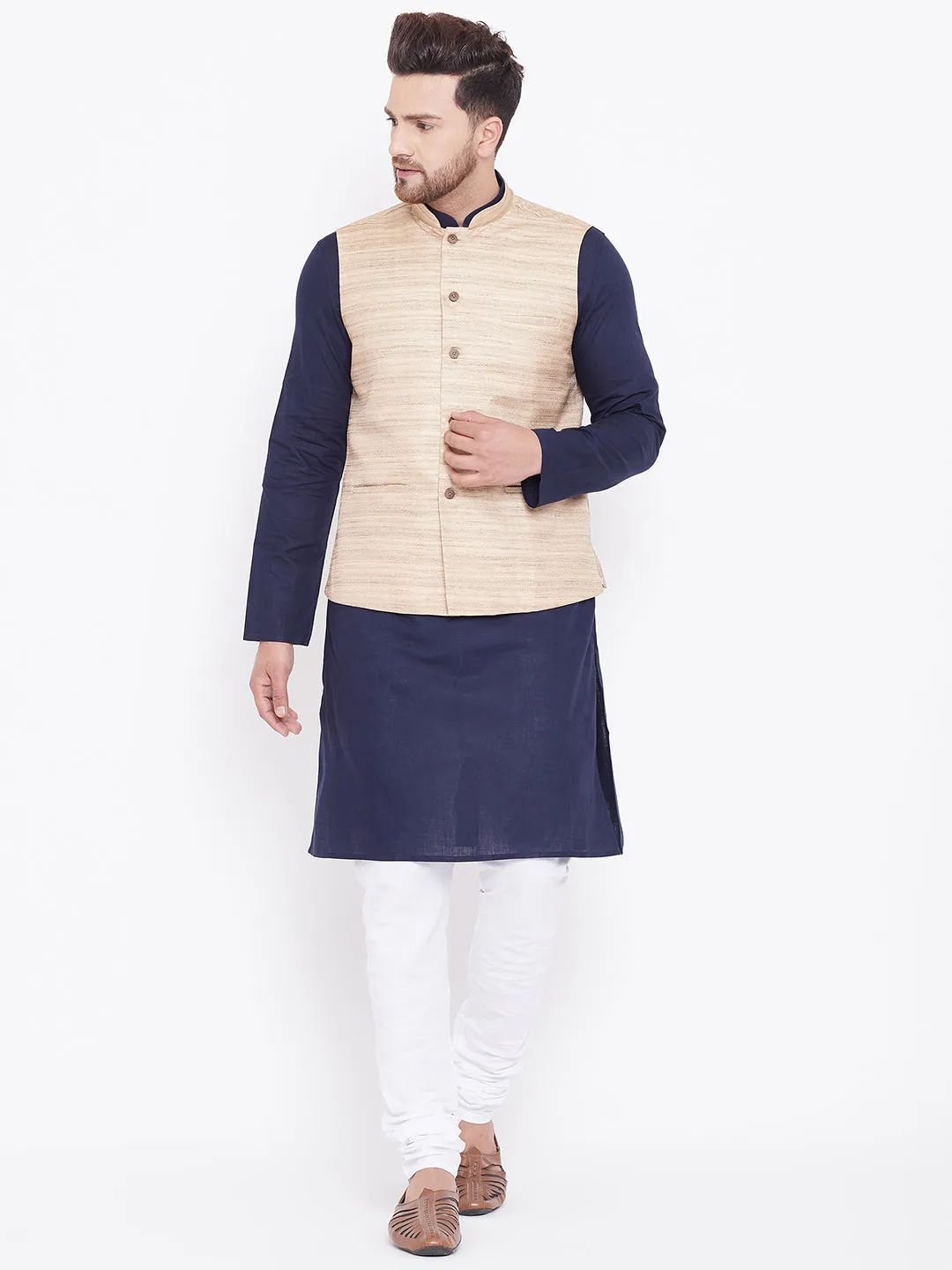 VASTRAMAY Men's Beige, Navy Blue And White Cotton Blend Jacket, Kurta and Pyjama Set