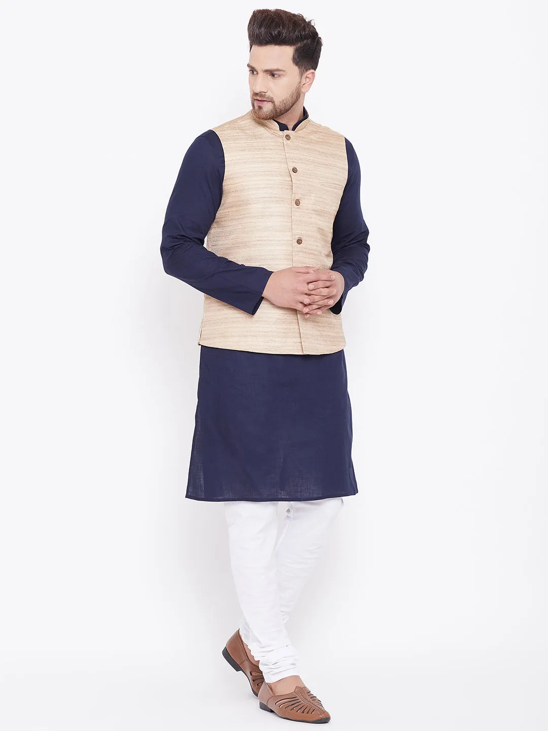 VASTRAMAY Men's Beige, Navy Blue And White Cotton Blend Jacket, Kurta and Pyjama Set