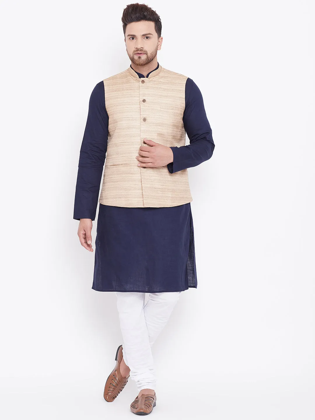 VASTRAMAY Men's Beige, Navy Blue And White Cotton Blend Jacket, Kurta and Pyjama Set