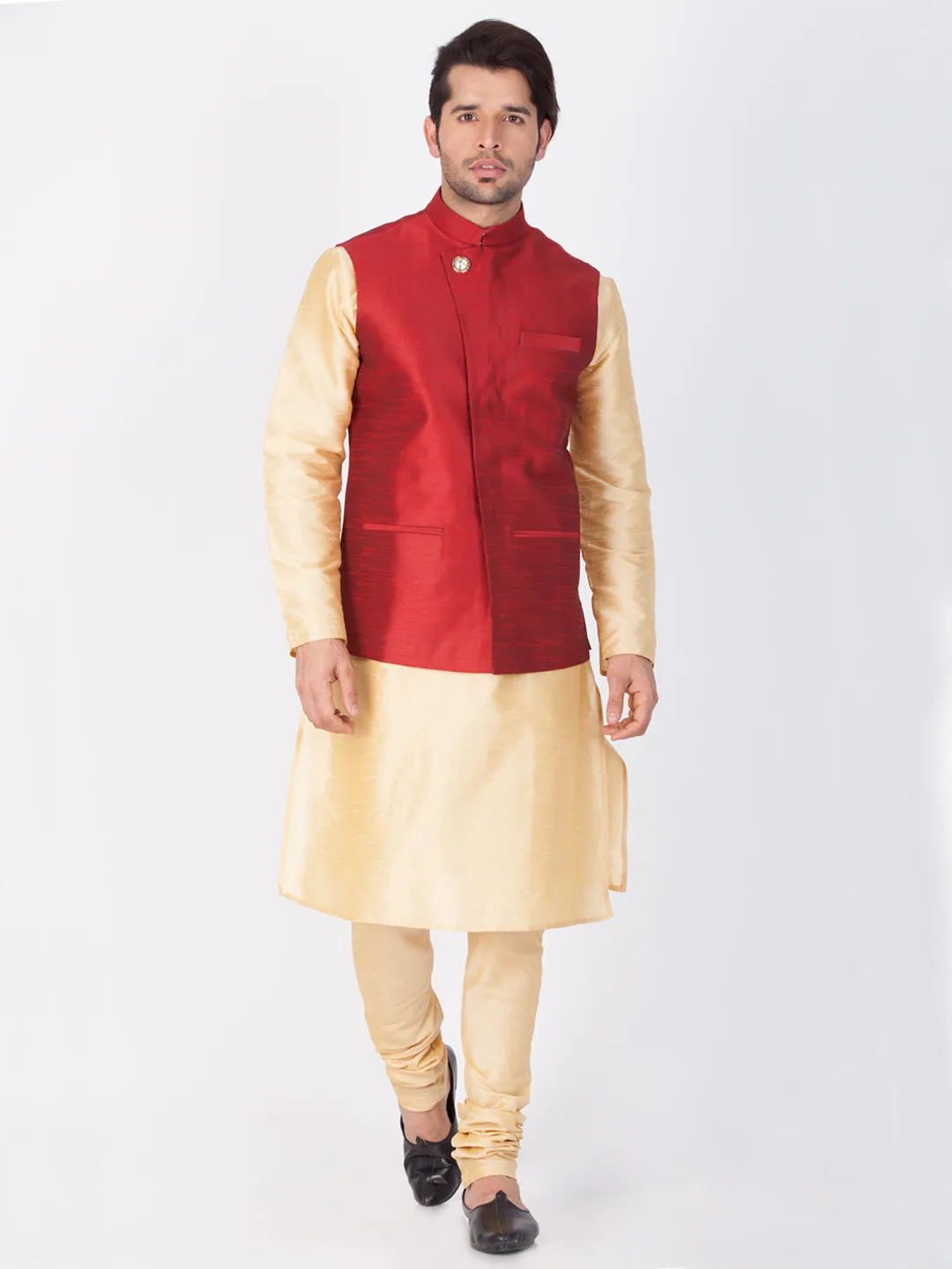 VASTRAMAY Men's Gold Cotton Silk Blend Kurta, Ethnic Jacket and Pyjama Set