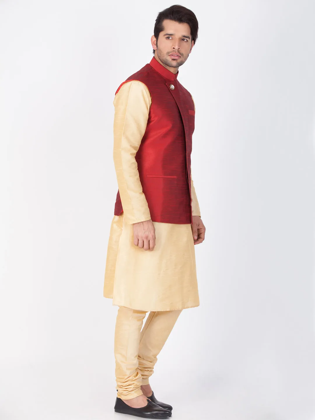 VASTRAMAY Men's Gold Cotton Silk Blend Kurta, Ethnic Jacket and Pyjama Set