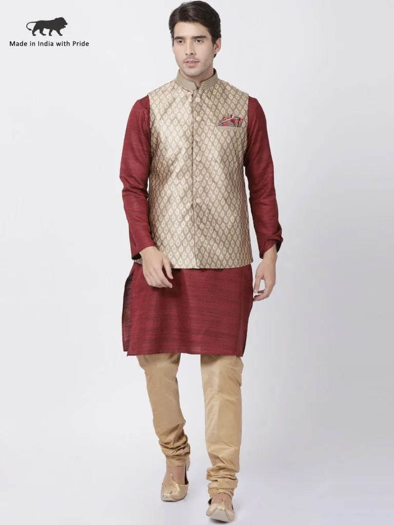 VASTRAMAY Men's Maroon Cotton Silk Blend Kurta, Ethnic Jacket and Pyjama Set