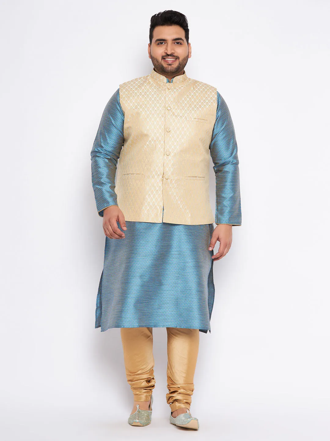 VASTRAMAY Men's Plus Size Cream Ethnic Cream Jacket With Aqua Silk Blend Kurta and Golden Pyjama Set