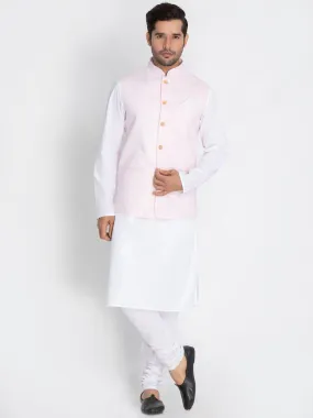 VASTRAMAY Men's White Cotton Blend Kurta, Ethnic Jacket and Pyjama Set