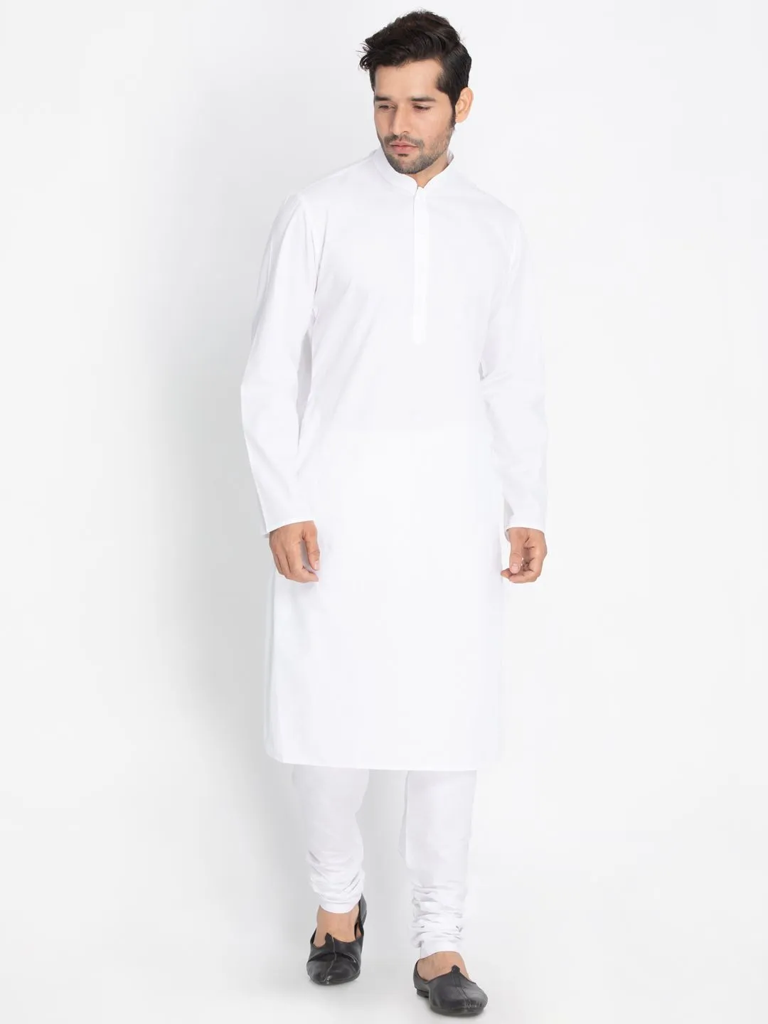 VASTRAMAY Men's White Cotton Blend Kurta, Ethnic Jacket and Pyjama Set