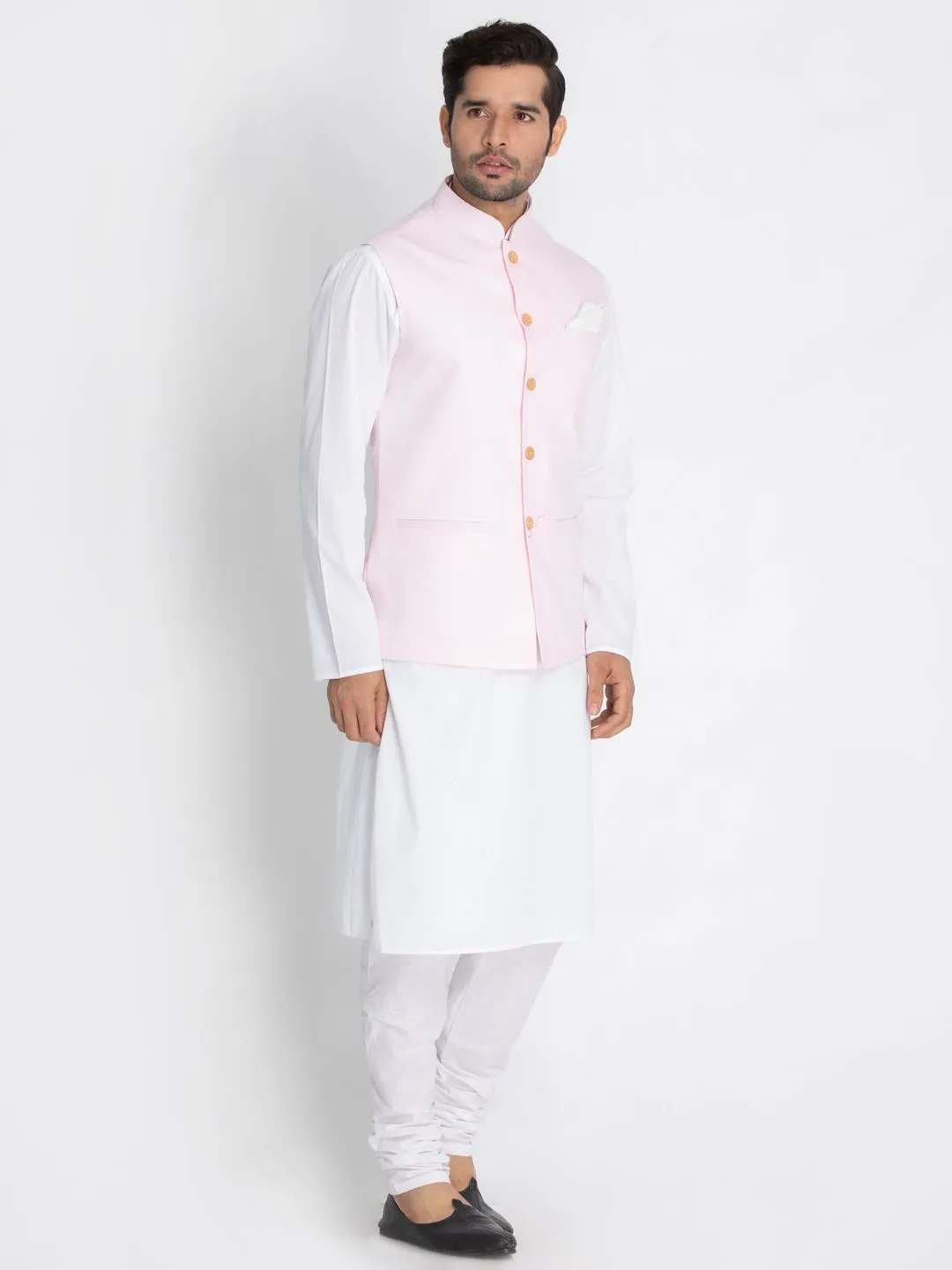 VASTRAMAY Men's White Cotton Blend Kurta, Ethnic Jacket and Pyjama Set