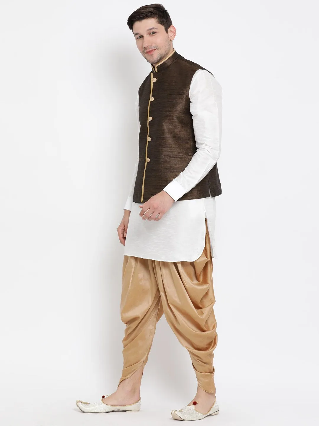 VASTRAMAY Men's White Cotton Silk Blend Ethnic Jacket, Kurta and Dhoti Pant Set