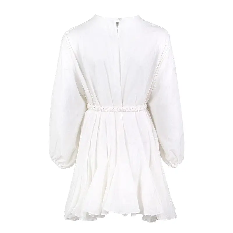 White Big Sleeve Robe Waist Tie Short Dress