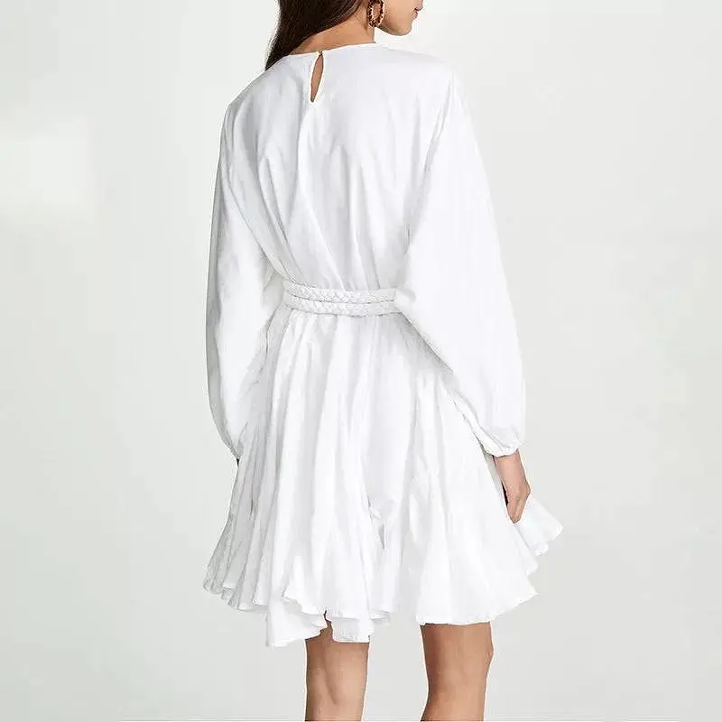 White Big Sleeve Robe Waist Tie Short Dress