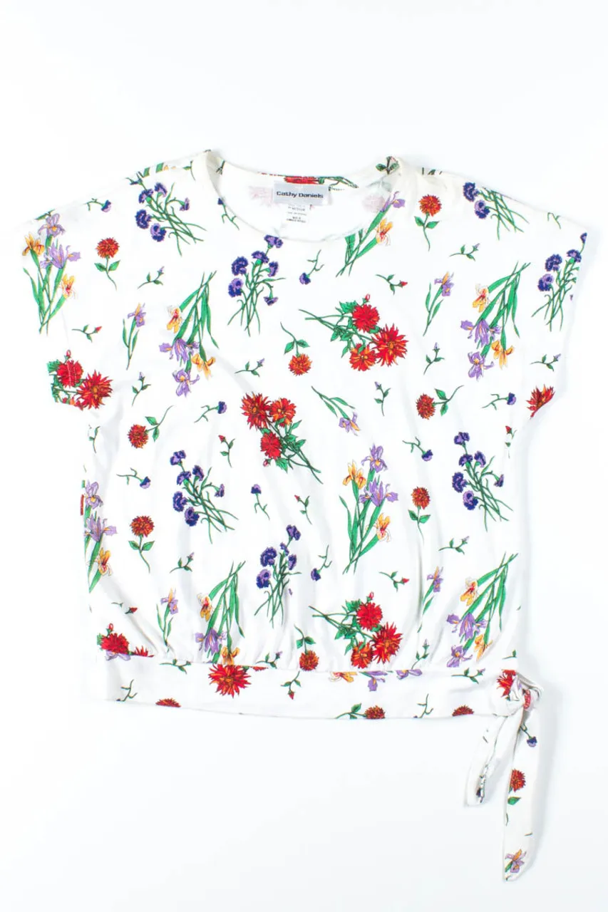 White Floral Tie Waist Tee