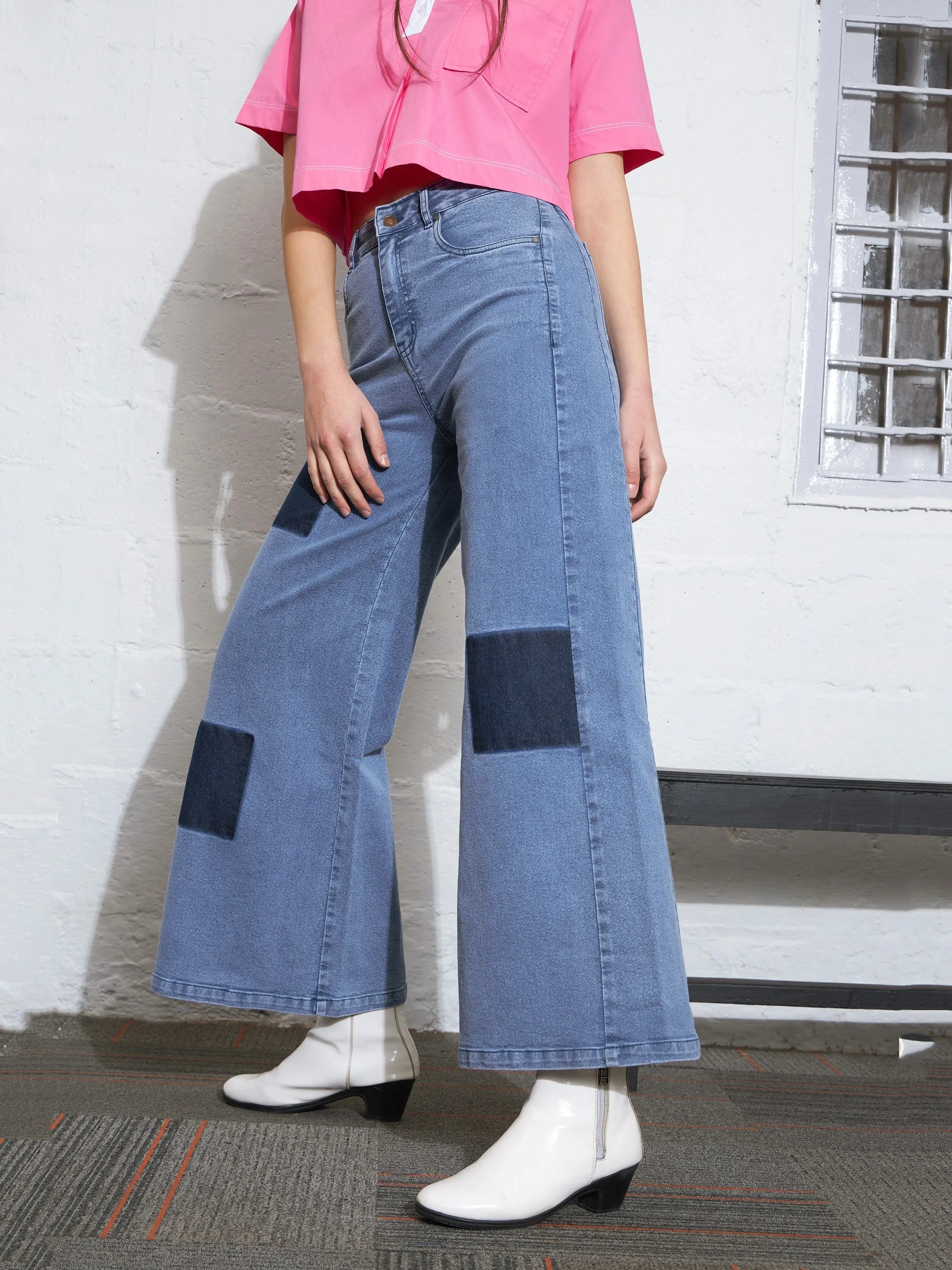 Women Light Blue Contrast Patch Wide Leg Jeans