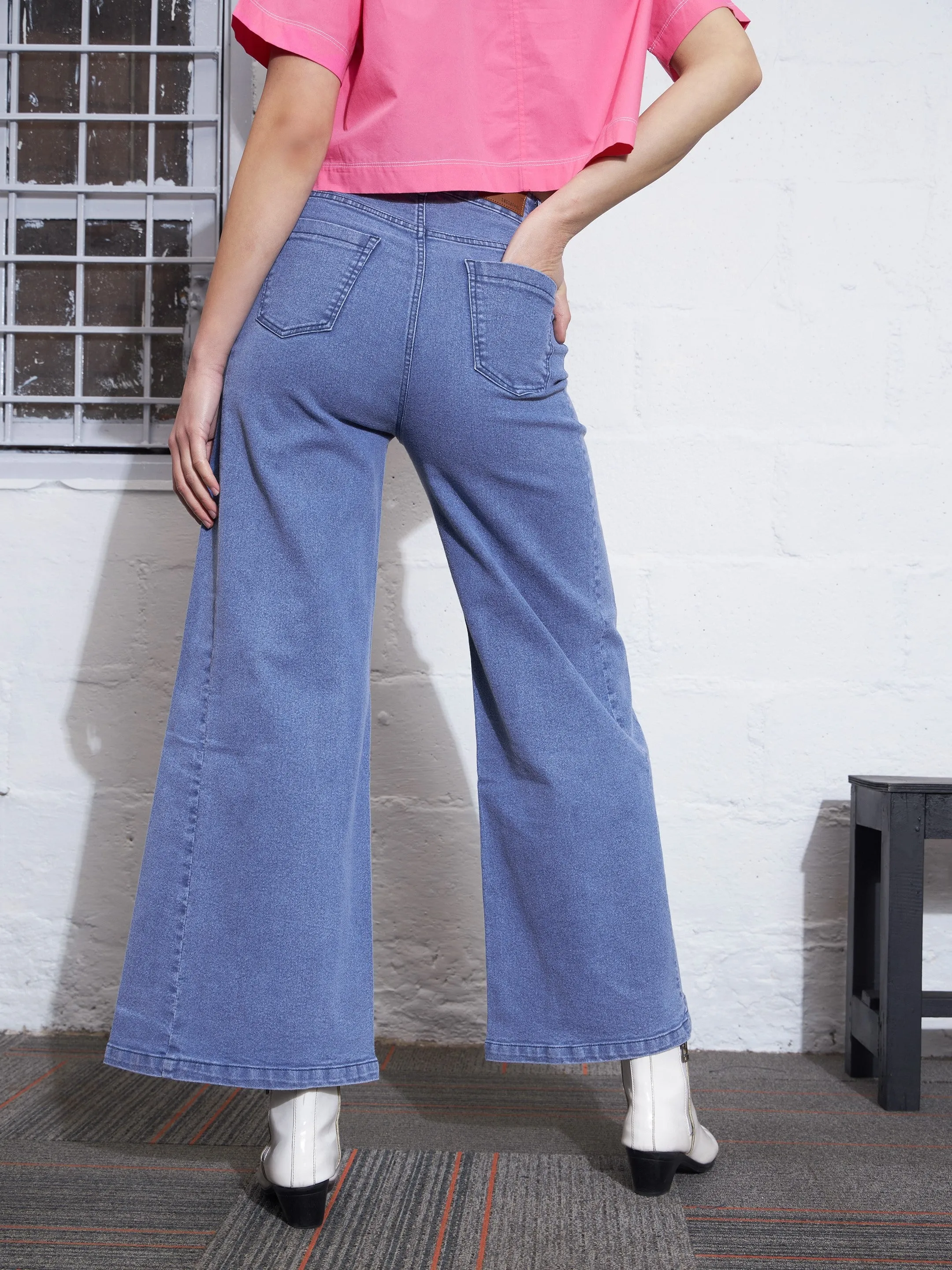 Women Light Blue Contrast Patch Wide Leg Jeans