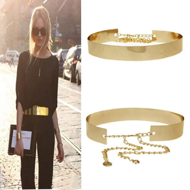 Women Metallic Gold Plate Wide Belt Cummerbunds Punk Full Metal Mirror Surface Waist Belt With Chains Lady  SM6