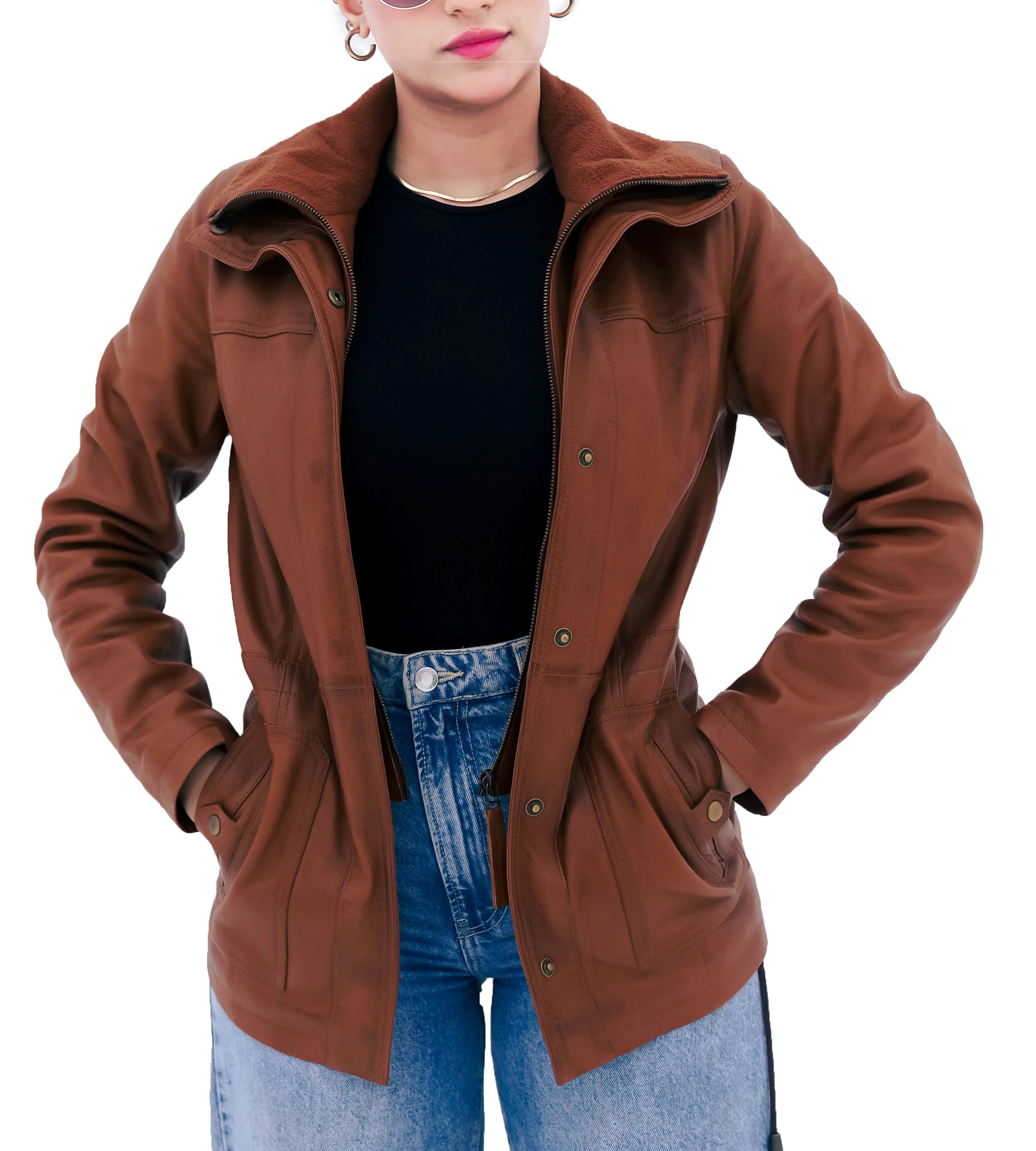 WOMEN REAL LAMBSKIN CAMEL BROWN THREE-QUARTER BIKER LEATHER COAT