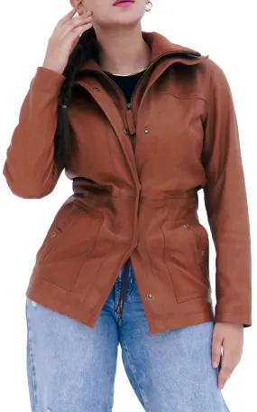 WOMEN REAL LAMBSKIN CAMEL BROWN THREE-QUARTER BIKER LEATHER COAT