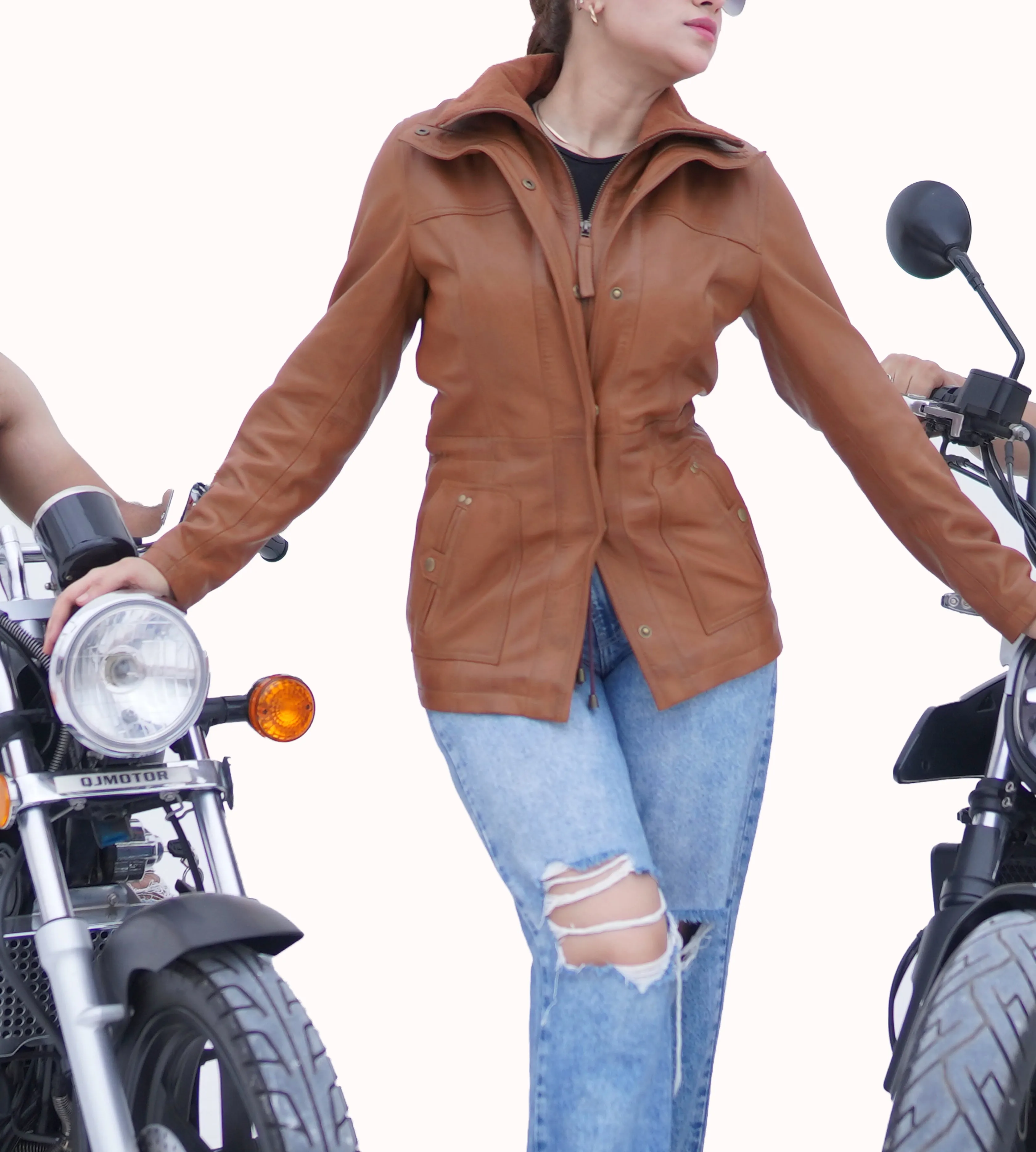 WOMEN REAL LAMBSKIN CAMEL BROWN THREE-QUARTER BIKER LEATHER COAT