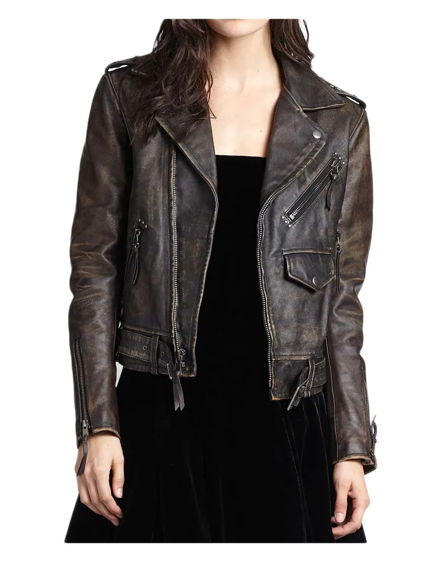 Womens Asymmetrical Brown Distressed Leather Motorcycle Jacket - UJackets