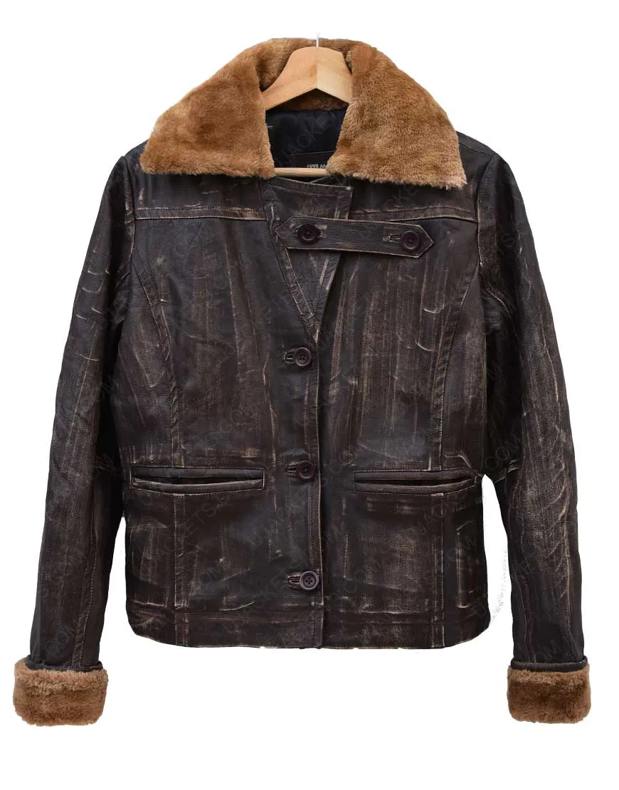 Womens Bomber Distressed Shearling Leather Jacket