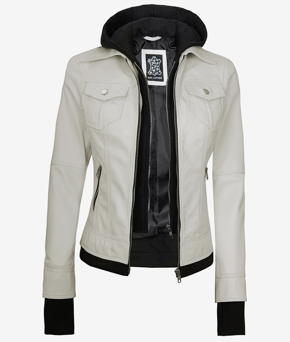 Womens Off White Bomber Leather Jacket with Removable Hood